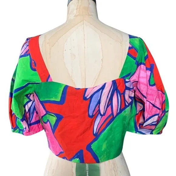 FARM Rio Tropical Bunch Crop Top Multicolored Puff Sleeves Womens Size Small - Picture 4 of 10
